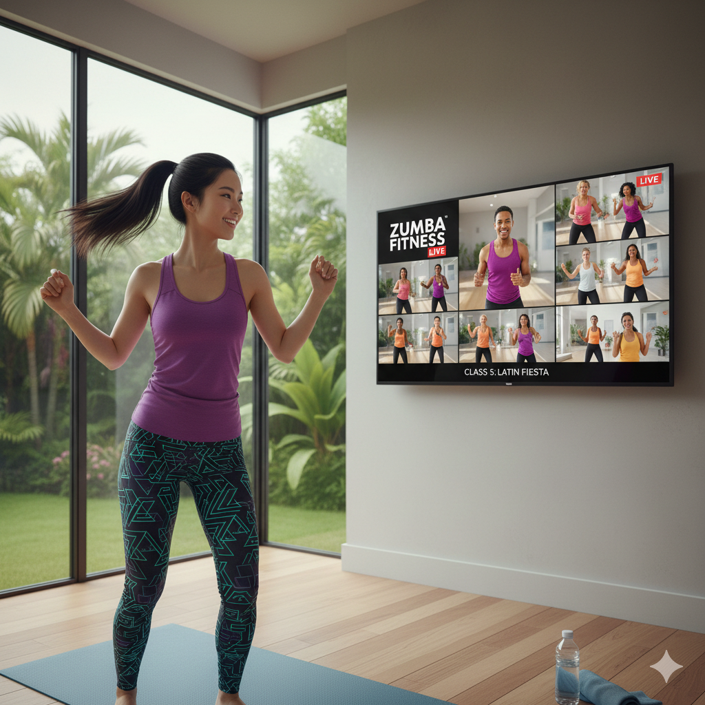 A bright and inviting home space prepared for Zumba dancing. In the foreground, a wooden floor is cleared and marked with colorful exercise mats. In the middle, a large mirror reflects the vibrant room, with motivational posters on the walls featuring dance moves and vibrant colors to inspire energy. A set of light weights and water bottles rests neatly in the corner. In the background, soft natural light streams through large windows, creating a cheerful atmosphere. The scene suggests movement and excitement, embodying a sense of readiness for a Zumba dance session at home. No people are present, ensuring focus on the inviting space itself.
