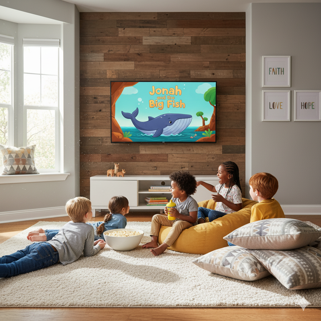 A vibrant and engaging children's Bible app interface, featuring a warm-toned and whimsical design. In the foreground, a group of smiling, diverse children sit cross-legged, engrossed in a digital storybook illustration of a classic biblical scene. The middle ground showcases a clean, intuitive menu with colorful icons and buttons, inviting users to explore different stories and interactive activities. The background features a soft, dreamlike landscape with rolling hills, fluffy clouds, and a serene, sun-dappled sky, creating a peaceful, faith-inspired atmosphere. The overall composition conveys a sense of wonder, learning, and spiritual enrichment tailored for young audiences.