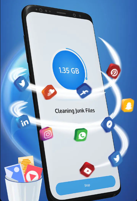 A digital illustration depicting a smartphone with a sleek, modern interface highlighting a memory cleaning application. In the foreground, the phone screen displays vibrant icons representing cleaning tools and a progress bar showing memory optimization in action. The middle ground features a user, dressed in smart casual attire, intently engaging with the app, their face reflecting concentration and satisfaction. The background shows a softly blurred modern workspace with abstract tech elements, creating an innovative atmosphere. Soft, natural lighting illuminates the scene, enhancing the sleek aesthetics of the smartphone while casting gentle shadows. The overall mood conveys a sense of efficiency and technological empowerment, ideal for promoting a memory optimization app.