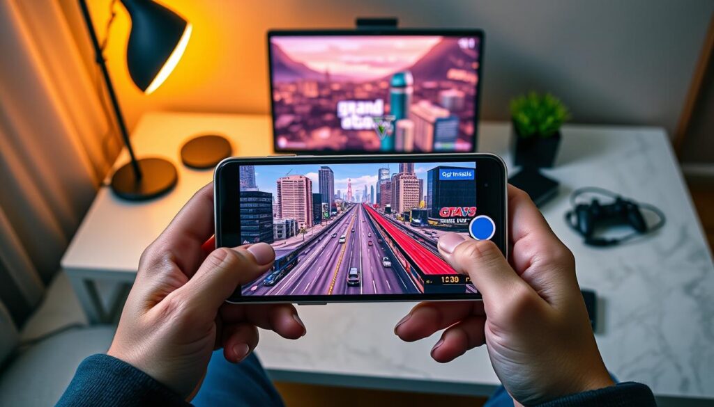 A close-up view of a stylish mobile gaming setup, featuring a sleek smartphone displaying the GTA5 Online interface, positioned in the foreground on a polished wooden desk. In the midground, a set of modern gaming controllers with customizable buttons and an ergonomic design, highlighting the configuration options for optimal play. The background is softly blurred, showcasing a cozy gaming corner with ambient LED lighting, a comfortable gaming chair, and a subtle hint of motivational posters. The lighting is warm and inviting, creating a relaxed yet focused atmosphere. The angle captures the gaming experience from a slightly elevated perspective, conveying a sense of immersion and excitement in cloud gaming.