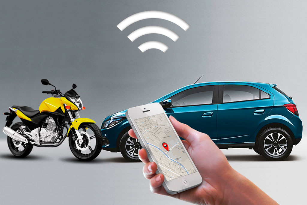 A high-tech vehicle tracking solution scene, showcasing a diverse range of tracking devices such as GPS trackers, mobile applications, and monitoring systems. In the foreground, a sleek smartphone displays a tracking app interface with real-time vehicle data. In the middle ground, various vehicles including cars, motorcycles, and trucks are highlighted, each with visible tracking devices subtly integrated. The background features a modern city skyline, indicating an urban environment. Soft blue and green glowing lights signify digital connectivity, creating a futuristic atmosphere. Use a wide-angle lens effect to capture the scene, with a focus on the smartphone while maintaining clarity on the vehicles. The overall mood should convey innovation and security, emphasizing the importance of vehicle tracking solutions.