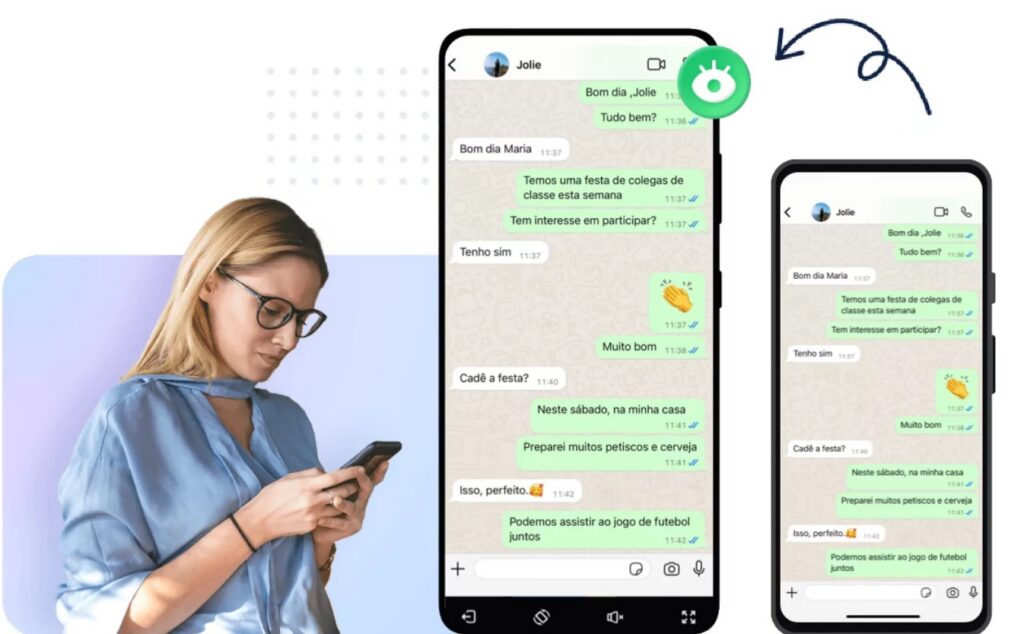 A sleek, modern iPhone displaying the Eyezy app interface for monitoring WhatsApp conversations. The phone is positioned on a minimalist desk, with a clean, bright background. The Eyezy app's intuitive dashboard is visible, showcasing its parental control features for tracking WhatsApp activity. The screen is well-lit, with soft, natural lighting casting a warm glow. The composition emphasizes the simplicity and efficacy of the Eyezy solution for discreetly monitoring WhatsApp on an iPhone, in line with the article's subject and section title.