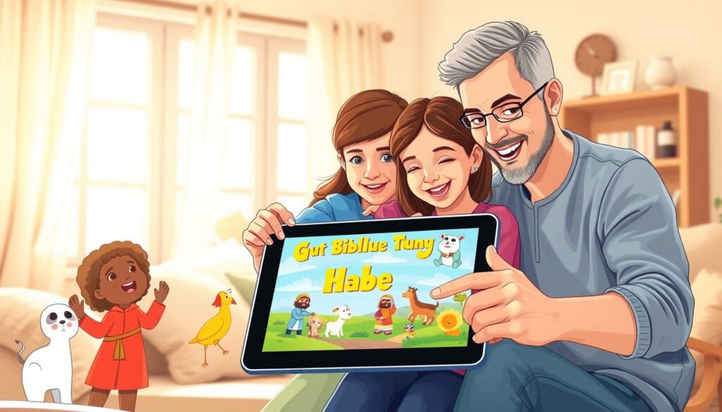 A colorful and engaging illustration depicting a family gathered around a tablet displaying bright, animated biblical stories designed for children. In the foreground, a smiling father and mother, both dressed in casual but modest clothing, point at the screen with excitement. Their two children, a curious boy and a girl, look amazed and captivated by the visuals. In the middle ground, playful elements like cartoonish biblical characters, soft clouds, and cheerful animals surround the tablet to enhance the theme of storytelling. The background features a cozy living room setting, warmly lit with sunlight streaming through a window, creating a welcoming and joyful atmosphere. The overall mood should be lively, educational, and inspiring, emphasizing the adventure of learning biblical stories through technology.