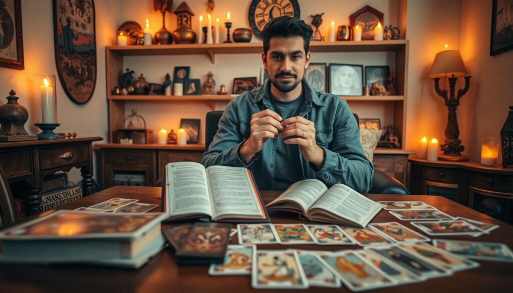 A cozy, softly lit room filled with the mystique of tarot reading. In the foreground, a well-organized table displays an array of tarot cards, showcasing their intricate designs. A beginner's guidebook lies open next to the cards, illustrating basic functionalities for newcomers. In the middle ground, a confident individual in modest casual clothing demonstrates how to shuffle the cards, their focused expression conveying a sense of learning and discovery. The background reveals shelves lined with various mystical artifacts, candles casting warm, flickering light, enhancing the mystical ambiance. The scene is captured with a warm color palette, evoking a sense of calm and curiosity, inviting viewers to explore the world of tarot. A cozy, softly lit room filled with the mystique of tarot reading. In the foreground, a well-organized table displays an array of tarot cards, showcasing their intricate designs. A beginner's guidebook lies open next to the cards, illustrating basic functionalities for newcomers. In the middle ground, a confident individual in modest casual clothing demonstrates how to shuffle the cards, their focused expression conveying a sense of learning and discovery. The background reveals shelves lined with various mystical artifacts, candles casting warm, flickering light, enhancing the mystical ambiance. The scene is captured with a warm color palette, evoking a sense of calm and curiosity, inviting viewers to explore the world of tarot.
