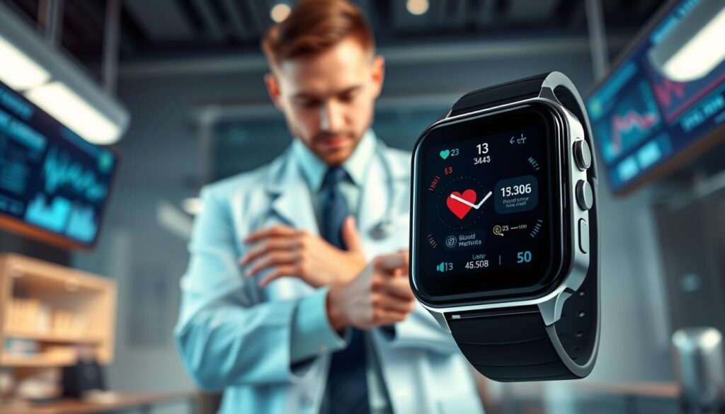A futuristic smartwatch designed for preventive medicine, prominently displayed in the foreground, showcasing a sleek, advanced design with a vibrant touchscreen interface. The watch displays health metrics such as blood pressure, heart rate, and sleep patterns in an intuitive, easy-to-read format. In the middle ground, a professional individual in smart casual attire interacts with the smartwatch, emphasizing its practical use. The background features a modern, high-tech healthcare environment, with subtle screens displaying health data and charts. Soft, ambient lighting creates a warm, inviting atmosphere while focusing on the watch’s functionality. A close-up, angled perspective captures the intricate details of the smartwatch, enhancing the theme of innovation in preventive healthcare. A futuristic smartwatch designed for preventive medicine, prominently displayed in the foreground, showcasing a sleek, advanced design with a vibrant touchscreen interface. The watch displays health metrics such as blood pressure, heart rate, and sleep patterns in an intuitive, easy-to-read format. In the middle ground, a professional individual in smart casual attire interacts with the smartwatch, emphasizing its practical use. The background features a modern, high-tech healthcare environment, with subtle screens displaying health data and charts. Soft, ambient lighting creates a warm, inviting atmosphere while focusing on the watch’s functionality. A close-up, angled perspective captures the intricate details of the smartwatch, enhancing the theme of innovation in preventive healthcare.