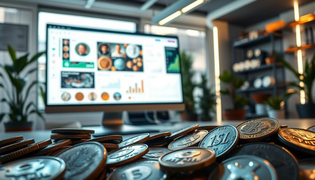 A futuristic workspace featuring a well-lit digital interface displaying an AI application for coin identification. In the foreground, a close-up view of a variety of coins, including rare and vintage designs, glimmering under soft, diffused lighting. The middle ground showcases a sleek computer screen with an engaging user interface, exhibiting detailed images of coins, alongside graphs and digital analytics. In the background, a modern office environment with plants and shelves containing coin collections, enhancing the atmosphere of innovation and discovery. The scene conveys a sense of curiosity and excitement about technology-driven coin identification, capturing the mood of exploration and the blending of traditional numismatics with advanced artificial intelligence. A futuristic workspace featuring a well-lit digital interface displaying an AI application for coin identification. In the foreground, a close-up view of a variety of coins, including rare and vintage designs, glimmering under soft, diffused lighting. The middle ground showcases a sleek computer screen with an engaging user interface, exhibiting detailed images of coins, alongside graphs and digital analytics. In the background, a modern office environment with plants and shelves containing coin collections, enhancing the atmosphere of innovation and discovery. The scene conveys a sense of curiosity and excitement about technology-driven coin identification, capturing the mood of exploration and the blending of traditional numismatics with advanced artificial intelligence.