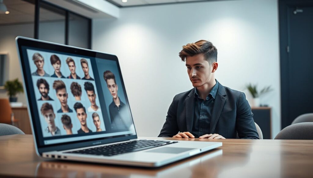 A modern digital workspace showcasing a laptop open to a user-friendly hair cutting simulation application. The foreground features a sleek, high-resolution screen displaying diverse male hairstyles, allowing users to virtually try on various cuts. In the middle, a focused young man, dressed in smart casual attire, interacts with the application, looking intrigued and contemplative. His hair is styled for contrast, highlighting the changes possible with the app. The background contains a minimalist office setting with soft lighting and a sophisticated ambiance, enhancing the tech-savvy theme. This scene conveys a sense of creativity and innovation, illustrating the future of hairstyling through technology.