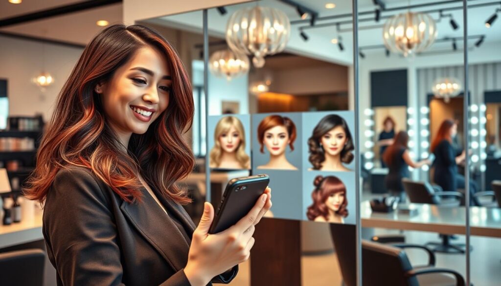 A modern hair salon setting with a sleek, stylish interior. In the foreground, a young woman with a bright smile is trying on various hairstyles using a smartphone app, holding the device in her hand. She is dressed in a smart casual outfit, exuding confidence and excitement. In the middle, a large mirror reflects her changing hairstyles, showcasing realistic hair transformations such as vibrant colors, trendy cuts, and elegant updos. The background features a well-organized salon with hair products, elegant lighting fixtures, and a stylist working with another client. Soft, warm lighting creates an inviting atmosphere, highlighting the innovative technology of the hairstyle try-on app. The angle is slightly above eye level, providing a dynamic view of the experience.
