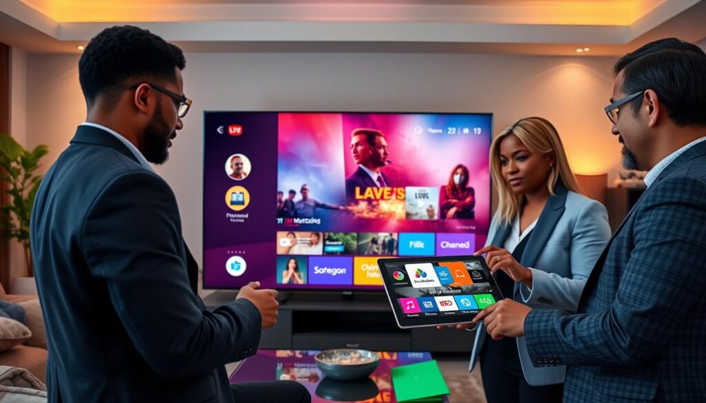 A modern living room with a sleek, large 4K television displaying a vibrant user interface of a TV app on the screen. In the foreground, a diverse group of three adults, dressed in professional business attire, are engaged in discussion while interacting with a tablet showcasing features like live streaming, channel listing, and customization options. The middle ground features colorful app icons and a dynamic representation of various TV functionalities, such as on-demand viewing and integrated social media. The background includes warm ambient lighting and stylish furniture, creating a cozy atmosphere. The scene is captured with a slight angle from above, emphasizing the interaction and technology seamlessly integrated into daily life. A modern living room with a sleek, large 4K television displaying a vibrant user interface of a TV app on the screen. In the foreground, a diverse group of three adults, dressed in professional business attire, are engaged in discussion while interacting with a tablet showcasing features like live streaming, channel listing, and customization options. The middle ground features colorful app icons and a dynamic representation of various TV functionalities, such as on-demand viewing and integrated social media. The background includes warm ambient lighting and stylish furniture, creating a cozy atmosphere. The scene is captured with a slight angle from above, emphasizing the interaction and technology seamlessly integrated into daily life.