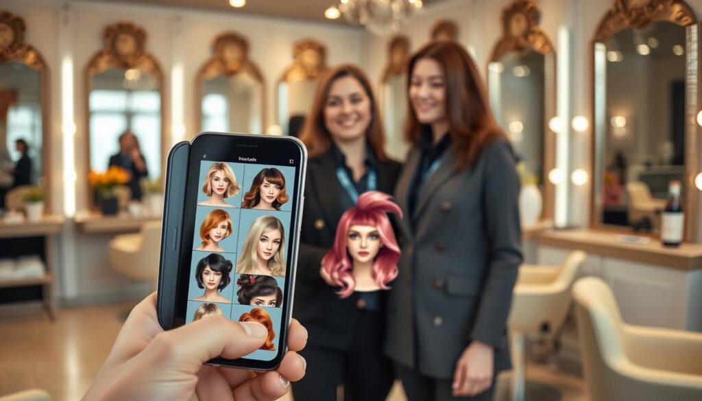 A modern smartphone displaying a user-friendly interface of a hairstyle app, set in a cozy, stylish salon environment. In the foreground, the phone's screen shows various virtual hairstyles on a realistic model's head, showcasing vibrant colors and diverse styles. In the middle, a professional stylist stands beside the client, both wearing professional attire, with an engaging smile, discussing the options. The background features elegant salon decor, including mirrors and soft lighting, creating a warm and inviting atmosphere. The image should have a bright, airy feel with soft focus effects to emphasize the mobile app's interface, suggesting technology and creativity in hairstyling.
