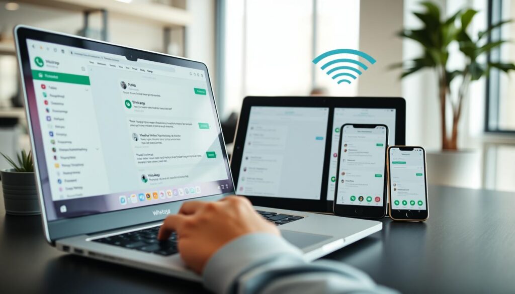 A modern workspace showcasing WhatsApp Web on a sleek laptop screen, prominently displaying a user interface with message threads. In the foreground, a pair of hands interact with the laptop, typing and navigating. In the middle ground, a tablet and a smartphone are wirelessly connected, showing synchronized notifications and messages from WhatsApp, enhancing the theme of multi-device connectivity. The background features a minimalistic office environment with a soft-focus, incorporating elements like a potted plant and a window that allows soft natural light to brighten the scene. The overall atmosphere is professional and tech-savvy, evoking a sense of control and efficiency in managing communications across devices. A modern workspace showcasing WhatsApp Web on a sleek laptop screen, prominently displaying a user interface with message threads. In the foreground, a pair of hands interact with the laptop, typing and navigating. In the middle ground, a tablet and a smartphone are wirelessly connected, showing synchronized notifications and messages from WhatsApp, enhancing the theme of multi-device connectivity. The background features a minimalistic office environment with a soft-focus, incorporating elements like a potted plant and a window that allows soft natural light to brighten the scene. The overall atmosphere is professional and tech-savvy, evoking a sense of control and efficiency in managing communications across devices.
