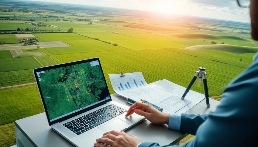 A professional setting depicting an aerial view of a large, green landscape with clearly defined fields and boundaries, showcasing the initial steps for accurate satellite measurements. In the foreground, a detailed, high-resolution satellite image is displayed on a high-tech laptop screen, with a user in business attire analyzing the data. In the middle ground, a modern office workspace is visible, featuring maps, charts, and measurement tools, reflecting a focus on precision and technology. The background consists of an expansive outdoor landscape with rolling hills under bright, natural sunlight, creating a hopeful and innovative atmosphere. The composition should convey a sense of professionalism and precision, emphasizing the importance of preparation and technology in satellite measurements.