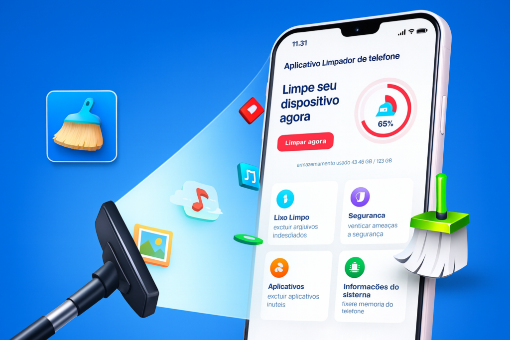 A sleek smartphone displays an interactive app interface focused on social media cache management. In the foreground, the phone is angled slightly to reveal the vibrant app visuals that cleverly illustrate cache data, icons, and analytics. In the middle ground, a person in professional business attire, sitting at a modern desk, is engaged with the phone, showcasing concentration and tech-savviness. The background features a bright, minimalist office environment with soft natural light filtering through large windows, creating a professional and productive ambiance. The color palette is fresh and modern, using blues and greens to symbolize technology and efficiency. The scene conveys a sense of control, organization, and the importance of optimizing tech for better mobile performance.