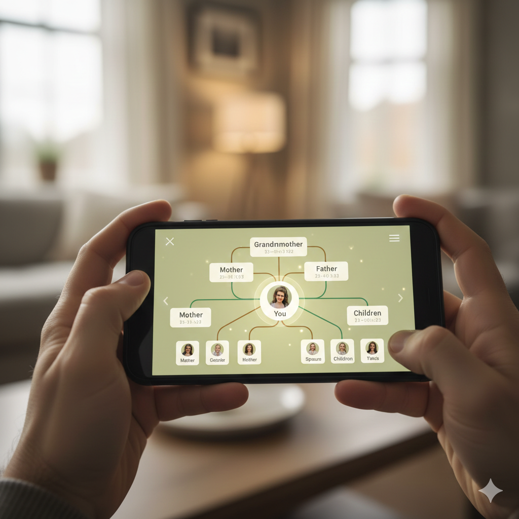 A serene and modern workspace focused on genealogy research utilizing artificial intelligence, with a large computer screen displaying a complex family tree. In the foreground, an individual in professional attire meticulously examining vintage family documents, illuminated by soft, warm lighting. In the middle ground, shelves filled with historical books and old photographs create a rich, scholarly atmosphere. The background features large windows allowing natural light to flood in, revealing a tranquil garden view, enhancing the mood of discovery and exploration. Overall, convey a sense of innovation and historical connection, showcasing the intersection of technology and genealogical research.
