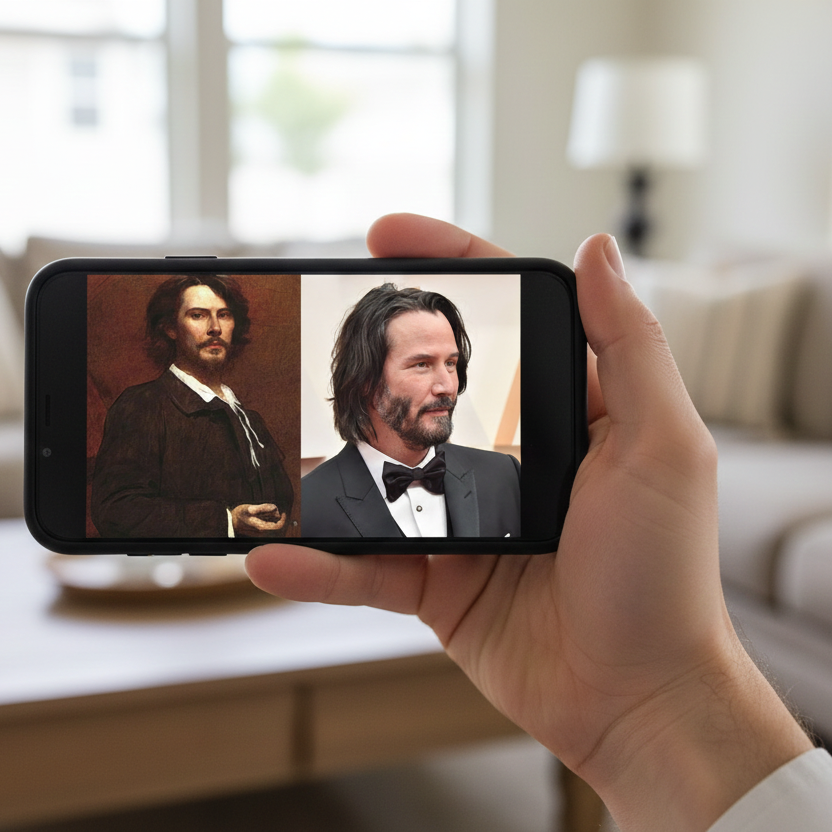 An imaginative digital artwork depicting a TikTok filter inspired by past lives, prominently featuring a diverse group of individuals—each dressed in professional business attire or modest casual clothing. In the foreground, a young woman interacts with her smartphone, her face illuminated by a soft glow from the screen, showcasing an ethereal aura around her. In the middle ground, various holographic images float around her, representing different historical figures and past life scenarios. The left side of the image features a serene, dreamlike landscape with symbols of different eras and cultures in pastel colors. The background is a blurred cityscape, hinting at modern technology. The overall atmosphere is vibrant and mystical, with a warm golden light that suggests discovery and curiosity, capturing the essence of exploring one's past through innovative technology.