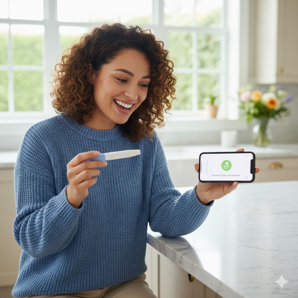 A modern smartphone displaying a user-friendly pregnancy test application interface, set against a clean, bright tabletop. In the foreground, the smartphone is slightly angled to highlight the app's vibrant graphics and features. A pair of hands, casually dressed in a light sweater, gently interacts with the screen, creating a sense of engagement and usability. In the middle ground, a few pregnancy test kits neatly arranged, suggesting the app’s functionality. The background features soft, diffused natural light filtering through a window, adding warmth and an inviting atmosphere. The overall mood is optimistic and informative, emphasizing the ease of selecting the best pregnancy test app for users.