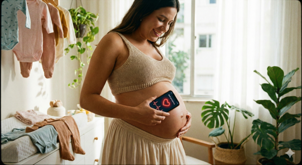 A smartphone displaying the "My Baby Heart Sounds" app interface, featuring a soft pastel color palette. In the foreground, the phone screen shows a stylized heart monitor graphic with animated waves indicating a baby's heartbeat. The middle ground includes a serene nursery scene, with a cozy crib adorned with gentle, plush toys and a calming night light. In the background, soft-focus pastel walls enhance the peaceful atmosphere. The lighting is warm and inviting, creating a sense of safety and care. The angle is slightly above the phone, capturing both the app and the comforting environment. The mood conveys love, connection, and technology supporting infant care, making it ideal for a detailed analysis of the application.