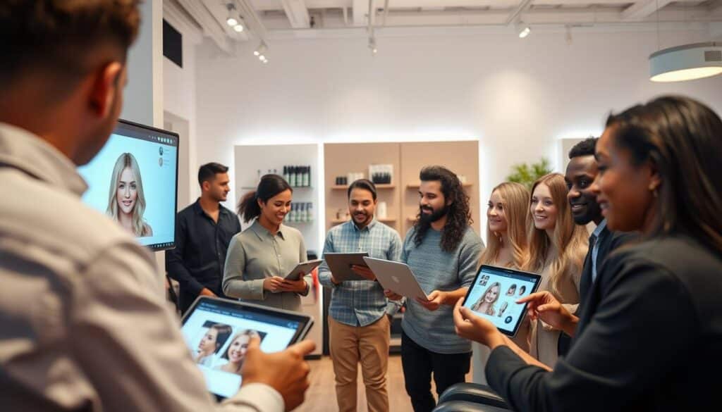 A bright and modern virtual salon environment, featuring a sleek, user-friendly interface showcasing various virtual hairstyles on a digital screen. In the foreground, a diverse group of individuals, both men and women of different ethnicities, are engaging with a hair-cutting simulator on tablets and laptops, expressing excitement and curiosity. The middle section includes high-tech styling tools and hair color options creatively displayed. The background features soft lighting, with stylish decor that enhances the atmosphere, evoking a sense of innovation and ease. The overall mood is lively and positive, highlighting the interactive nature of AI hair simulation technology.