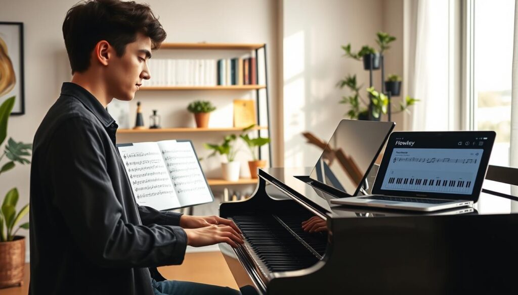 A modern, vibrant scene showcasing a piano in a cozy, well-lit room with a large window allowing soft, natural light to pour in. In the foreground, a young adult learning to play the piano, dressed in smart casual clothing, intently focused on sheet music that displays familiar songs. The piano itself is a polished black grand, beautifully reflecting the light. In the middle ground, a shelf filled with music books and a laptop showing the Flowkey interface, subtly emphasizing the app's function. In the background, cheerful potted plants add a refreshing touch to the atmosphere. The mood is inspiring and inviting, highlighting the joy of learning music through beloved songs.