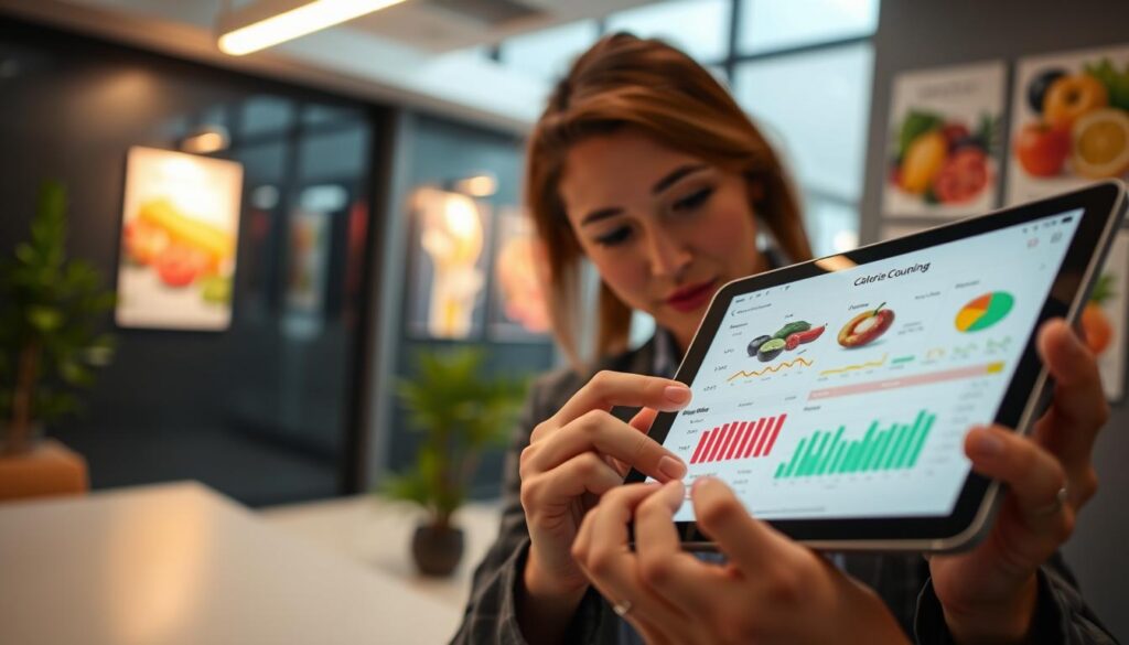 A person in business attire, focused on a tablet, examining a detailed calorie-counting app interface. In the foreground, the screen displays colorful graphs and nutritional information. In the middle ground, a dimly lit modern office with health-related posters on the walls, showcasing fruits and vegetables. Soft, warm lighting creates an inviting atmosphere, while a subtle glow from the tablet adds interest. In the background, a small indoor plant contributes to a healthy environment. The lens captures a close-up, highlighting the user's engaged expression and the app's vibrant colors, emphasizing the importance of technology in maintaining health. The mood is one of determination and focus on wellness.
