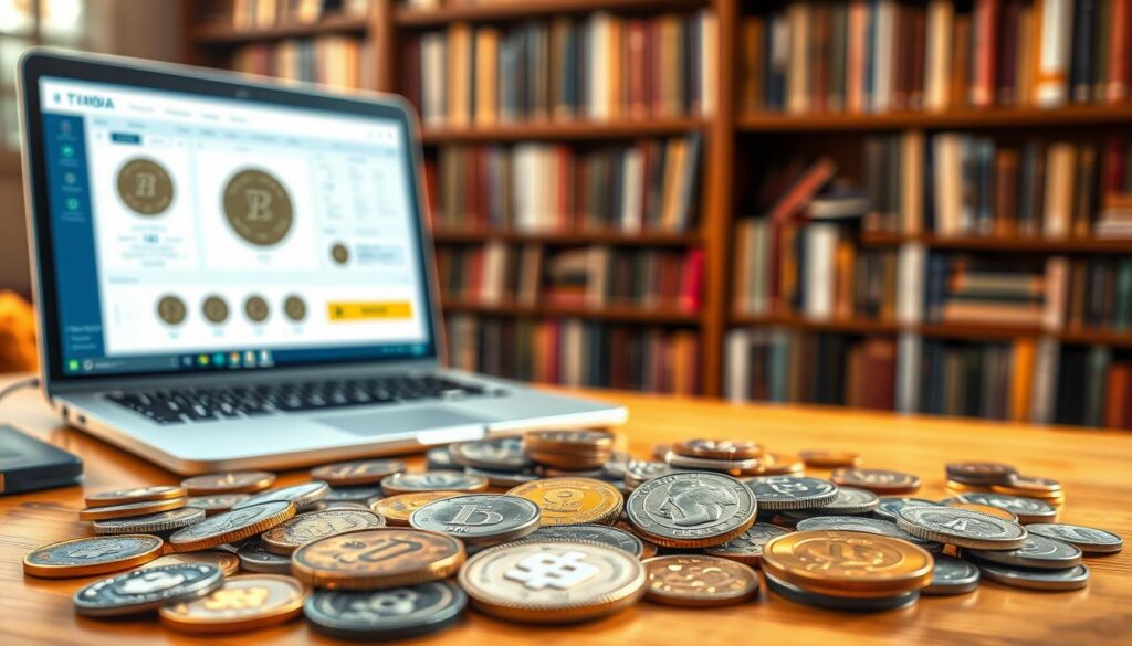 A practical guide illustration focused on identifying rare coins using AI, featuring a well-organized, visually engaging layout. In the foreground, display a diverse array of coins on a wooden table, showcasing intricate designs and historical details. The middle ground includes a laptop opened to an AI software interface, displaying coin identification results. In the background, softly blurred bookshelves filled with numismatic books create a cozy, intellectual atmosphere. Utilize warm, natural lighting to evoke a sense of curiosity and professionalism, with a shallow depth of field to emphasize the coins and laptop. Aim for a clean, polished look that reflects innovation and expertise in coin collection.