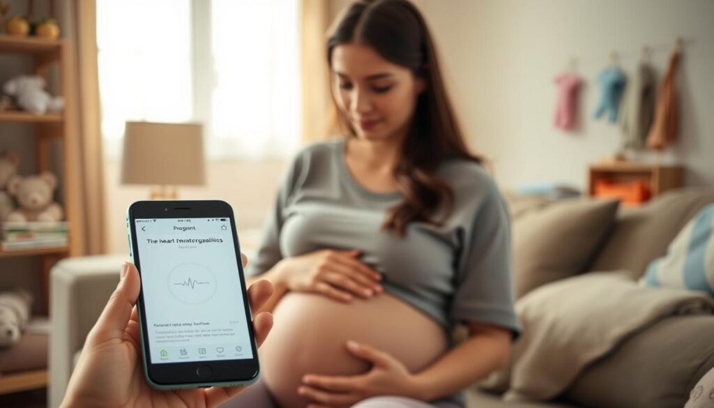 A serene and informative image depicting the limitations and essential cautions of a pregnancy tracking app. In the foreground, a close-up of a smartphone displaying the app interface with a heart rate monitor highlight, surrounded by soft, glowing lights to emphasize its technology. In the middle ground, a calm, expectant mother dressed in comfortable, modest clothing is attentively studying her phone, her expression reflecting contemplation and care. The background features a cozy, softly lit living room environment adorned with baby items, creating an atmosphere of anticipation and safety. The overall mood is peaceful and reflective, capturing the essence of parental responsibility and the importance of understanding the app's capabilities versus its limitations. Use natural lighting to create a warm, inviting ambiance.