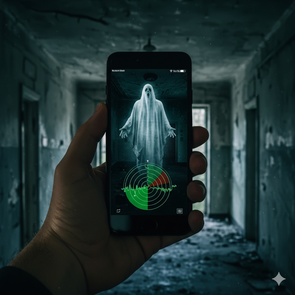 A collection of ghost-hunting tools prominently displayed on a dark, wooden table. In the foreground, a digital EMF meter emits a soft blue glow, next to a high-tech spirit box with pulsating lights. In the middle ground, there's an old-fashioned lantern casting a warm, inviting light over crystal pendulums and sage bundles, evoking a sense of mystique. The background features shelves lined with ancient books on paranormal investigation and jars holding mysterious herbs. The ambient lighting is moody, with shadows playing across the surface, creating a mysterious atmosphere. The scene should have a slightly eerie yet inviting feel, suggesting an exploration of the supernatural world. The composition conveys a balance between technology and tradition, inviting viewers to delve into the art of ghost hunting.